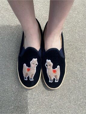 Soludos anthropology BlueVelvet Slip-On Mules with Embroidered Llama